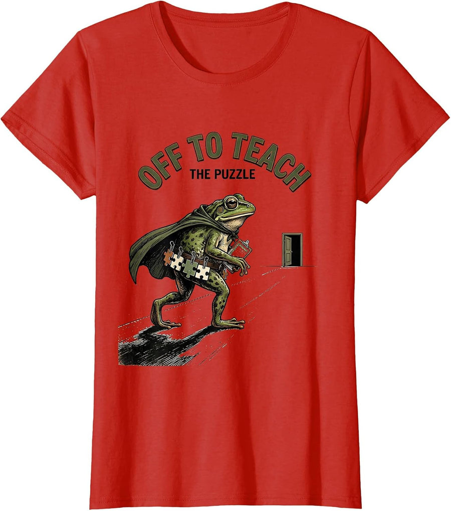 Women's Off To Teach The Puzzle Vintage Frog Teacher Back To School T-Shirt - Red