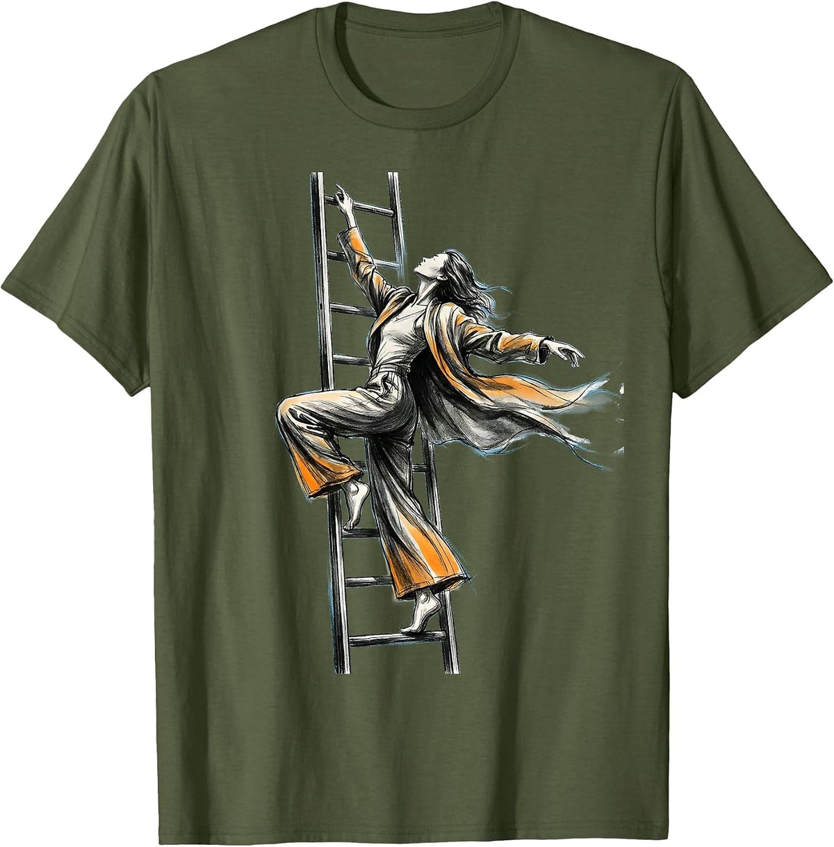 Woman Climbing Ladder Into Open Sky Graphic T-Shirt - Olive Green