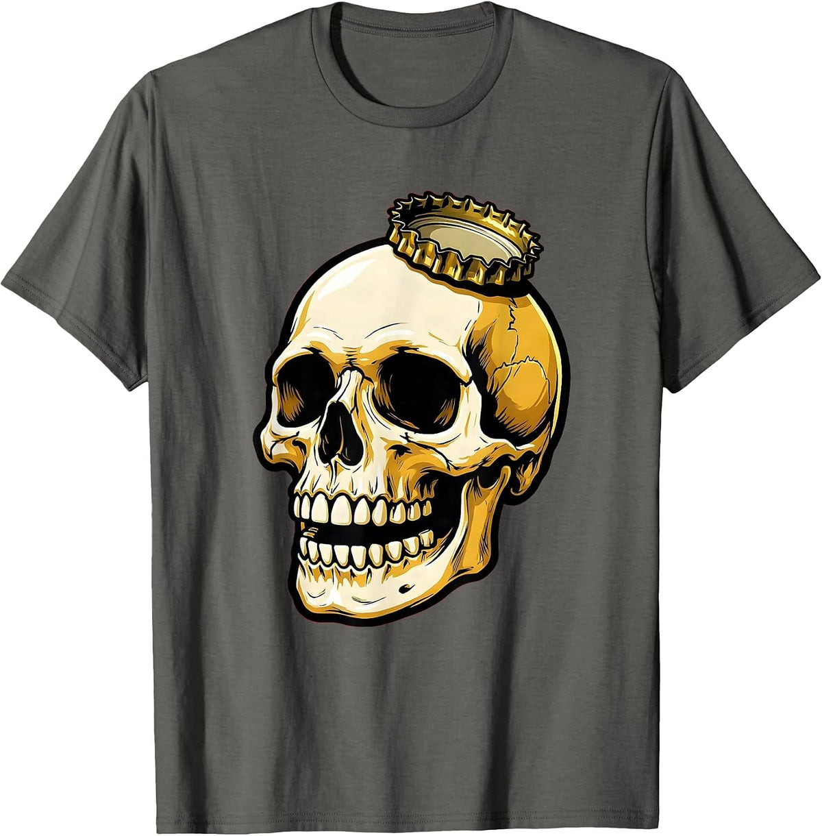 Skull Beer Bottle Cap Crown Graphic Tee T-Shirt - Asphalt Grey