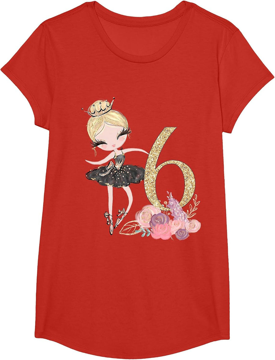 6th Birthday Party Ballerina Dance Ballet Tutu Girls Six T-Shirt - Girls Red