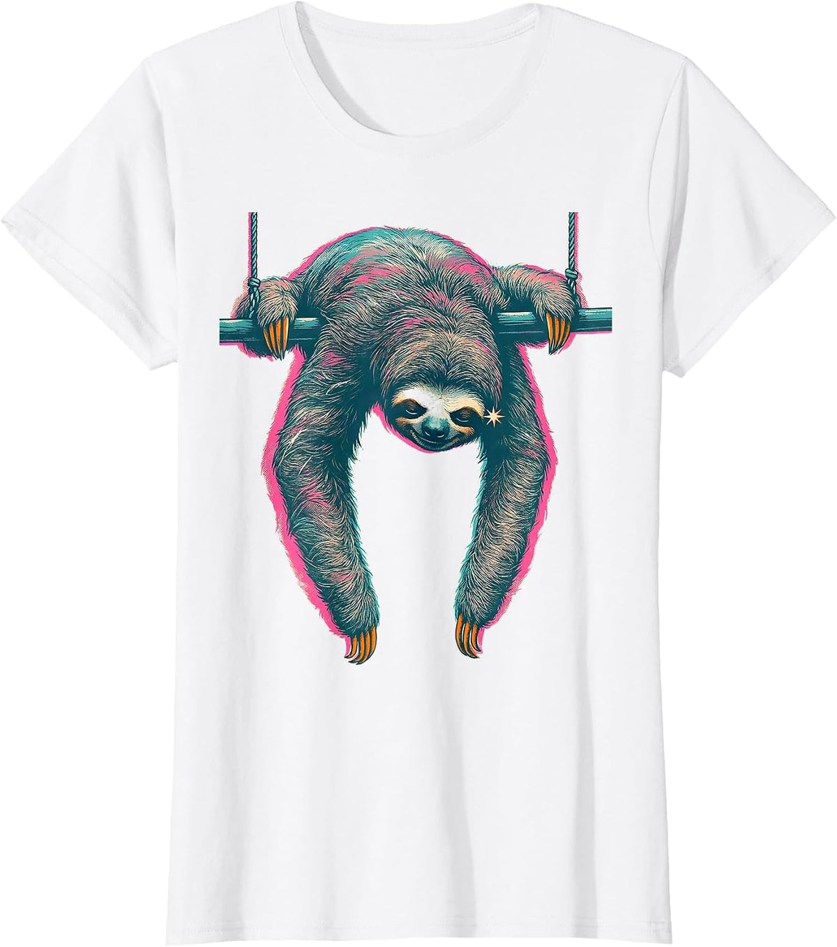 Women's Sloth Draped Over Pendulum Bar Risograph Humor T-Shirt - White