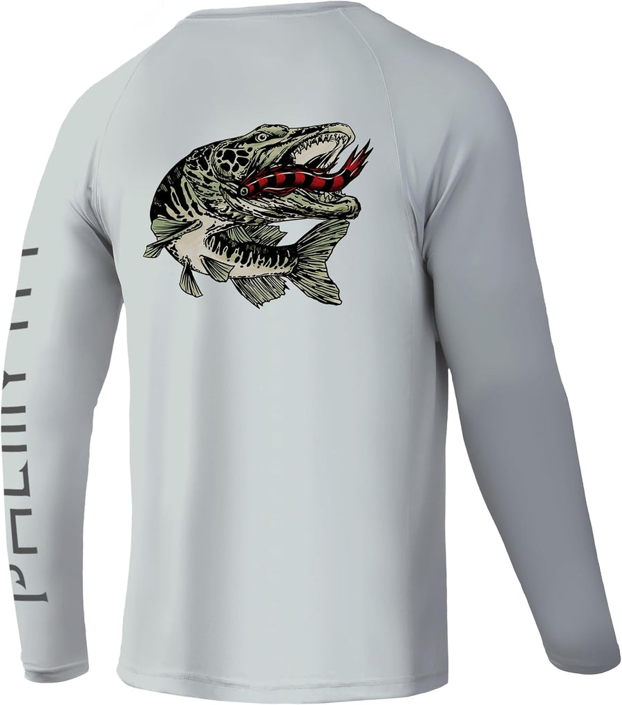 Palmyth Fishing Shirts for Men Long Sleeve UPF 50+ T Shirt Sun Protection - Gray \/ Crazy Musky