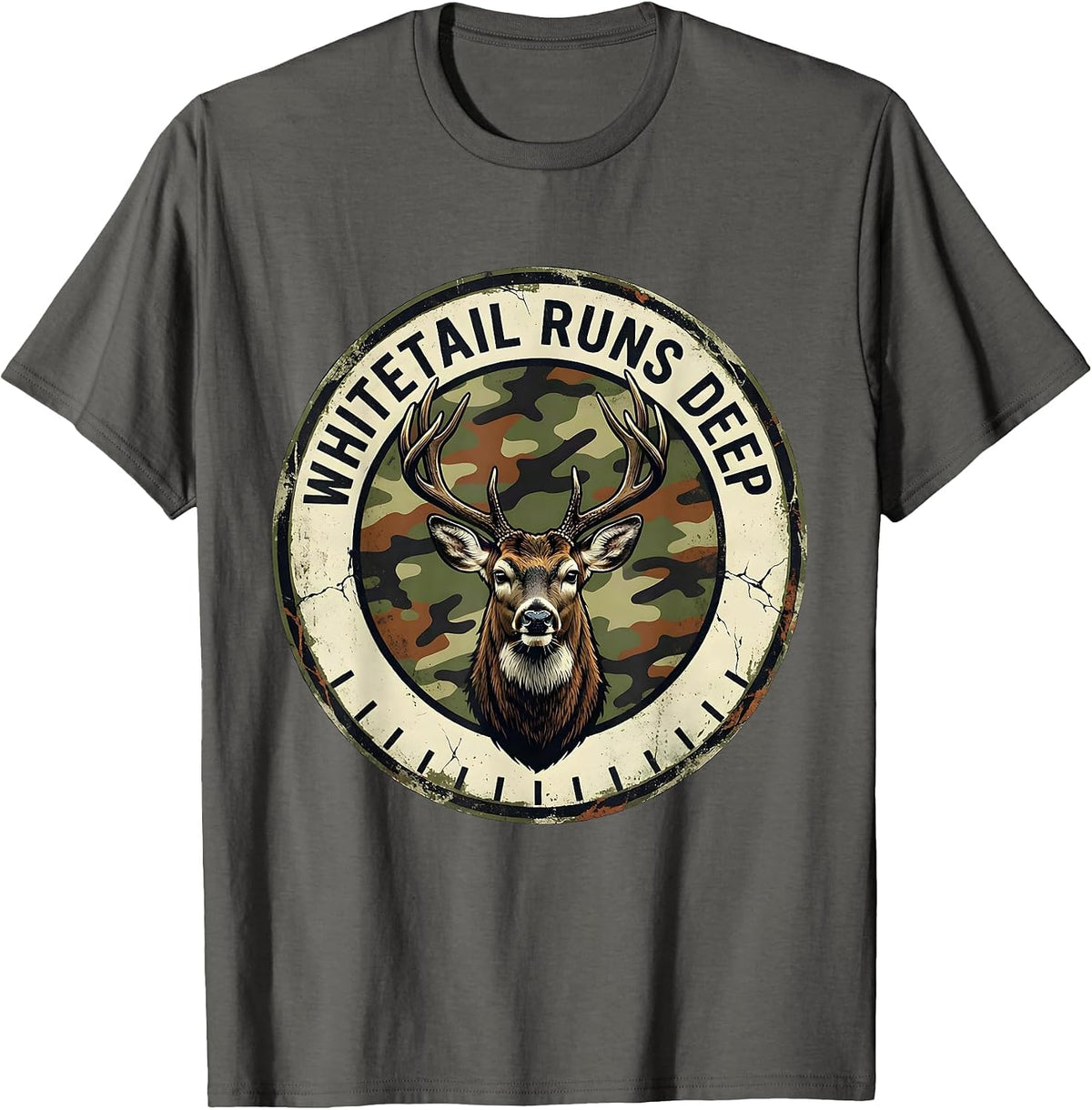 Men's Whitetail Runs Deep Distressed Camo Deer Hunting Dad Humor T-Shirt - Asphalt Grey