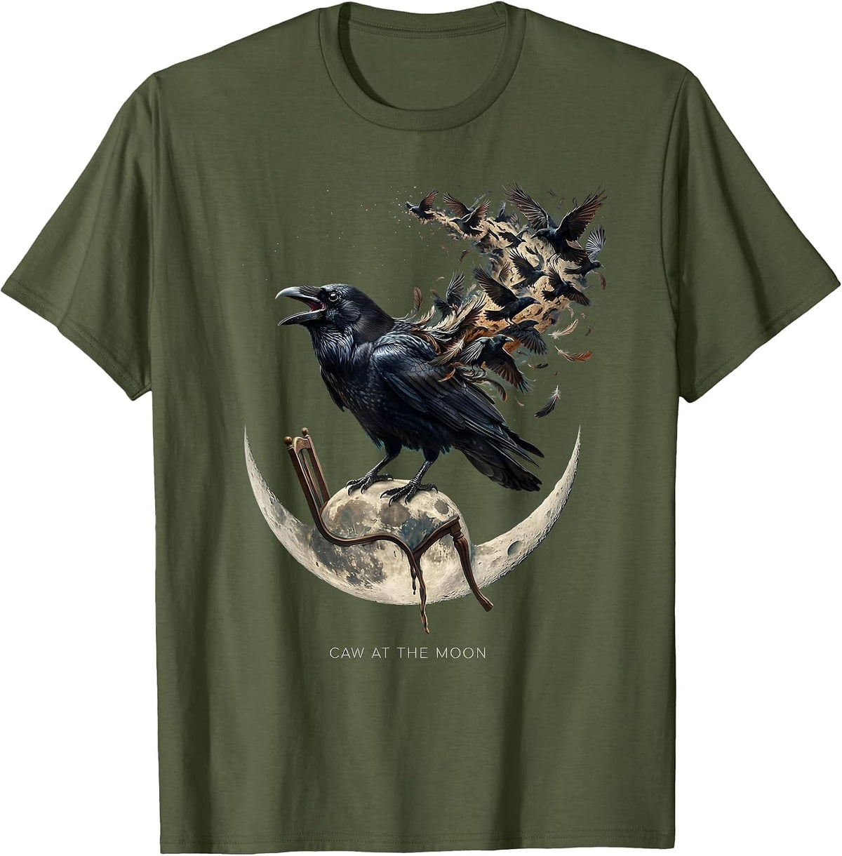 Men's Caw at the Moon Crow Night Sky Design T-Shirt - Olive Green