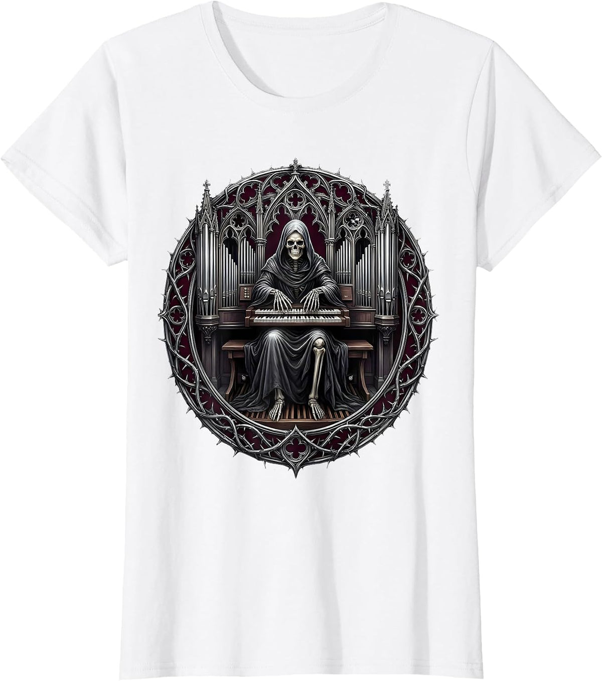 Cloaked Skeleton Pipe Organ Heavy Metal Graphic T-Shirt - White