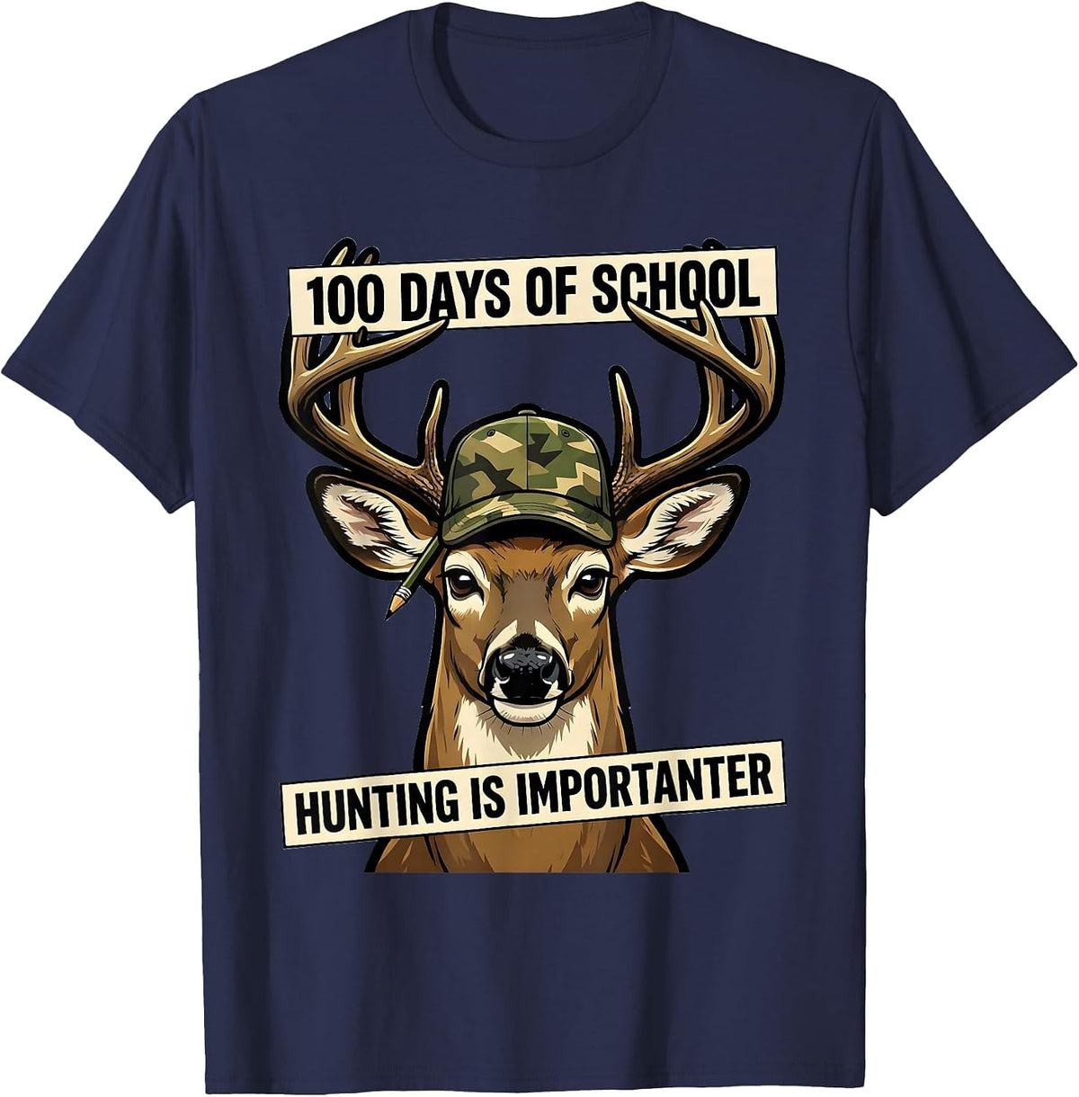 100 Days Of School Hunting Is Importanter Camo T-Shirt - Navy Blue