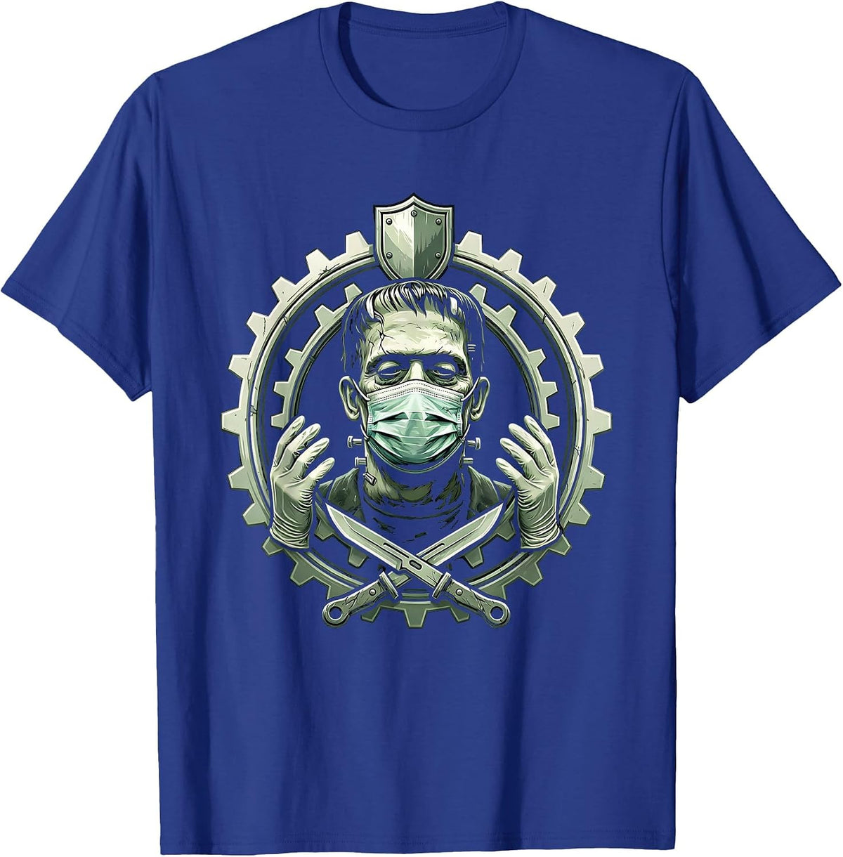 Nurse Halloween Frankenstein Monster Surgical Mask T-Shirt - Royal Blue