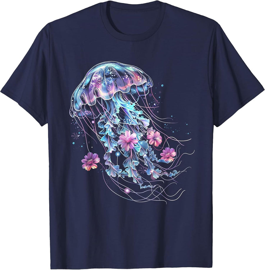 Jellyfish Flowers Vintage Floral Scuba Diving Surf T-Shirt - Navy Blue