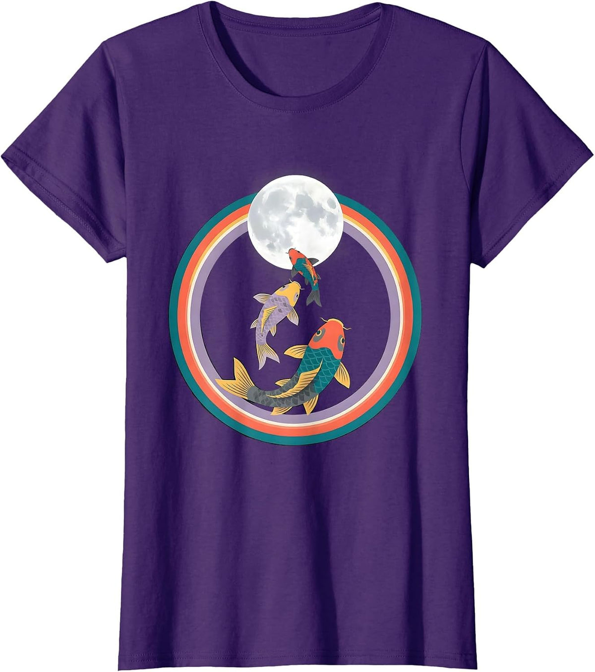 Women's Three Koi Fish Moon Flat Vector Animal Meme Parody T-Shirt - Purple