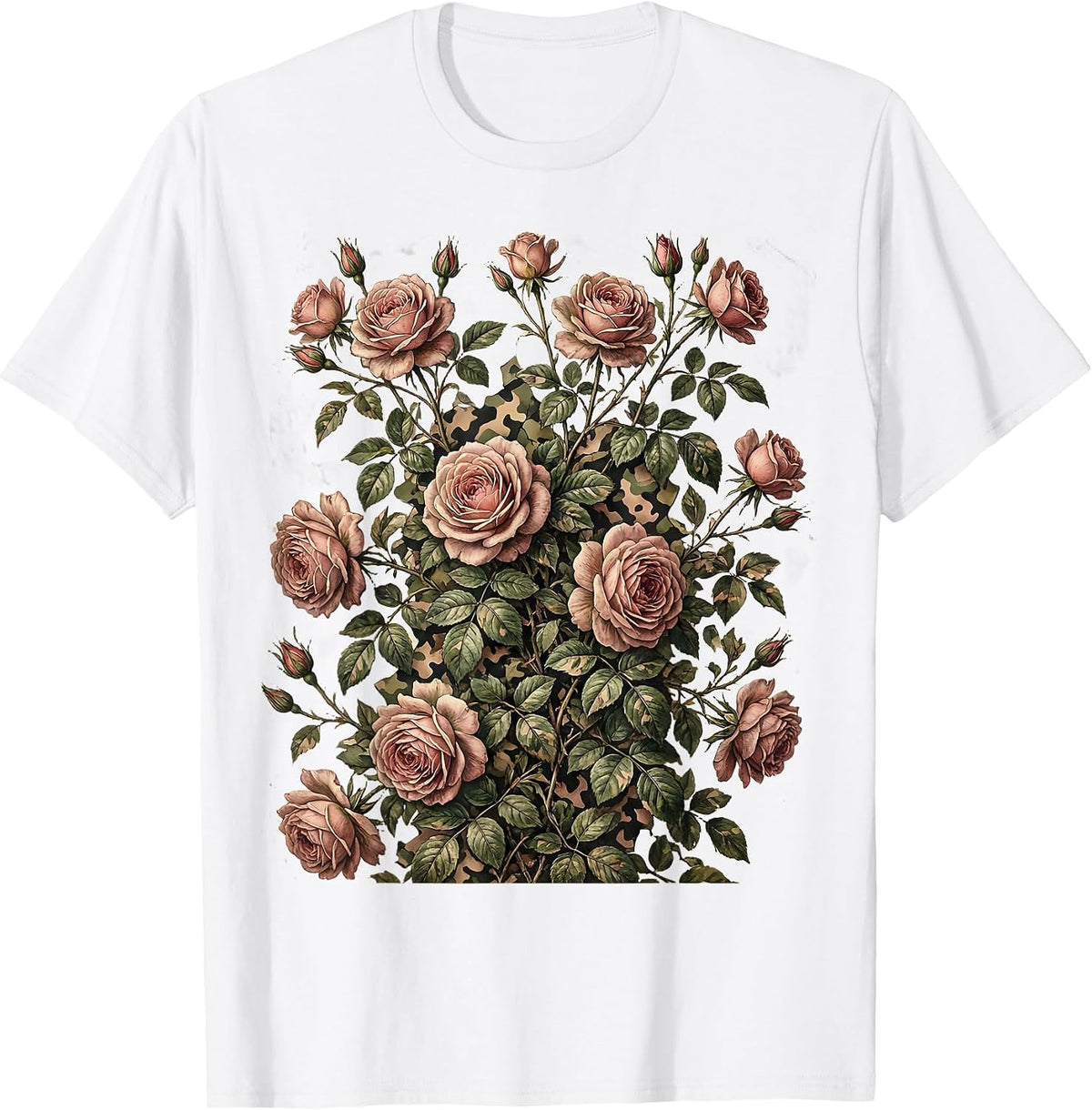 Pink Camo Climbing Roses Floral Tank Illustration T-Shirt - White
