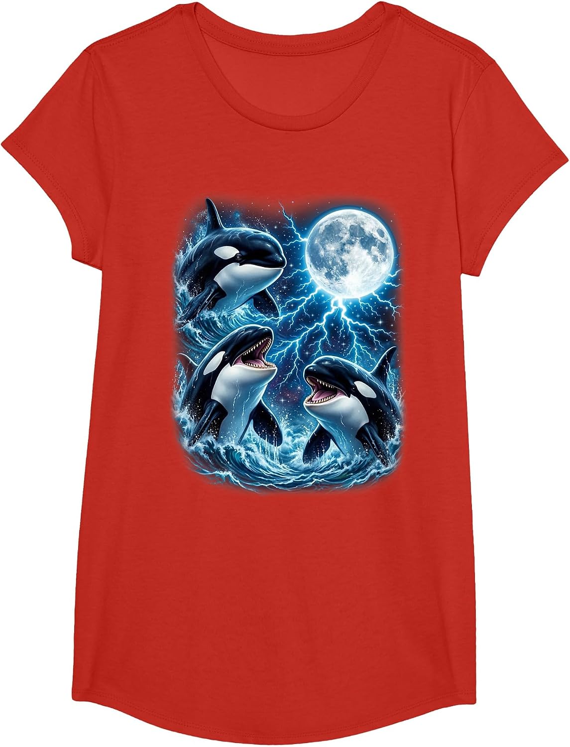 Majestic Three Orca Moon Lightning Sea Life Art T-Shirt - Girls Red