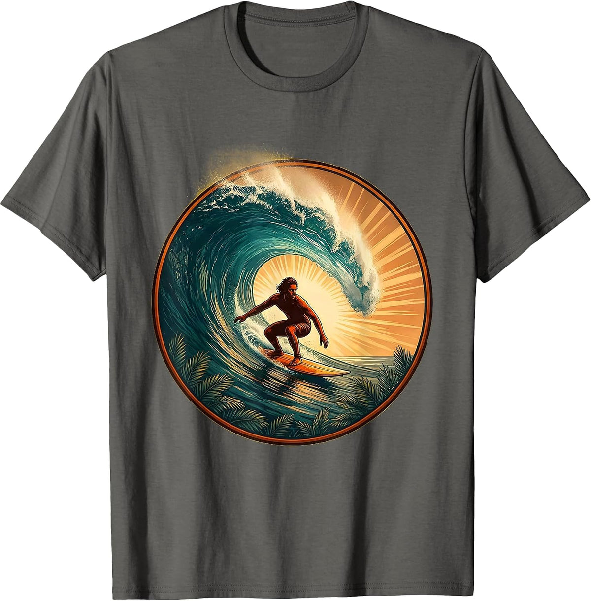 Retro Surfer Riding Massive Curling Wave T-Shirt - Asphalt Grey