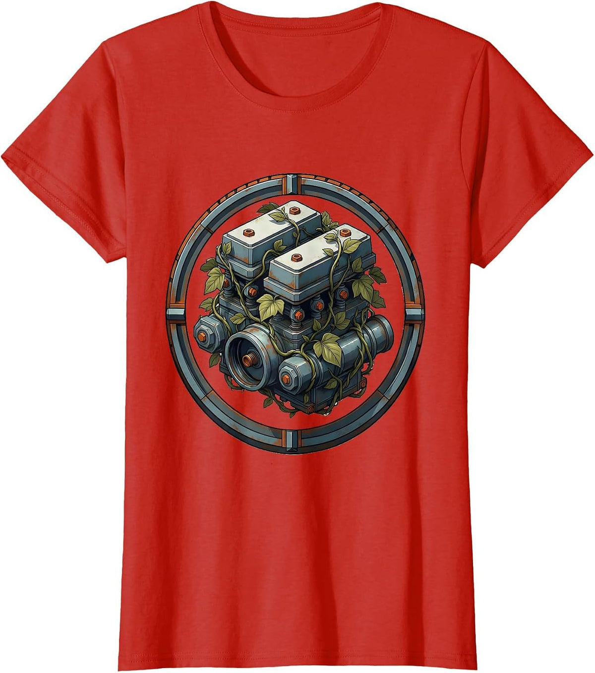 Carburetor Wrapped in Climbing Vines Illustration T-Shirt - Red
