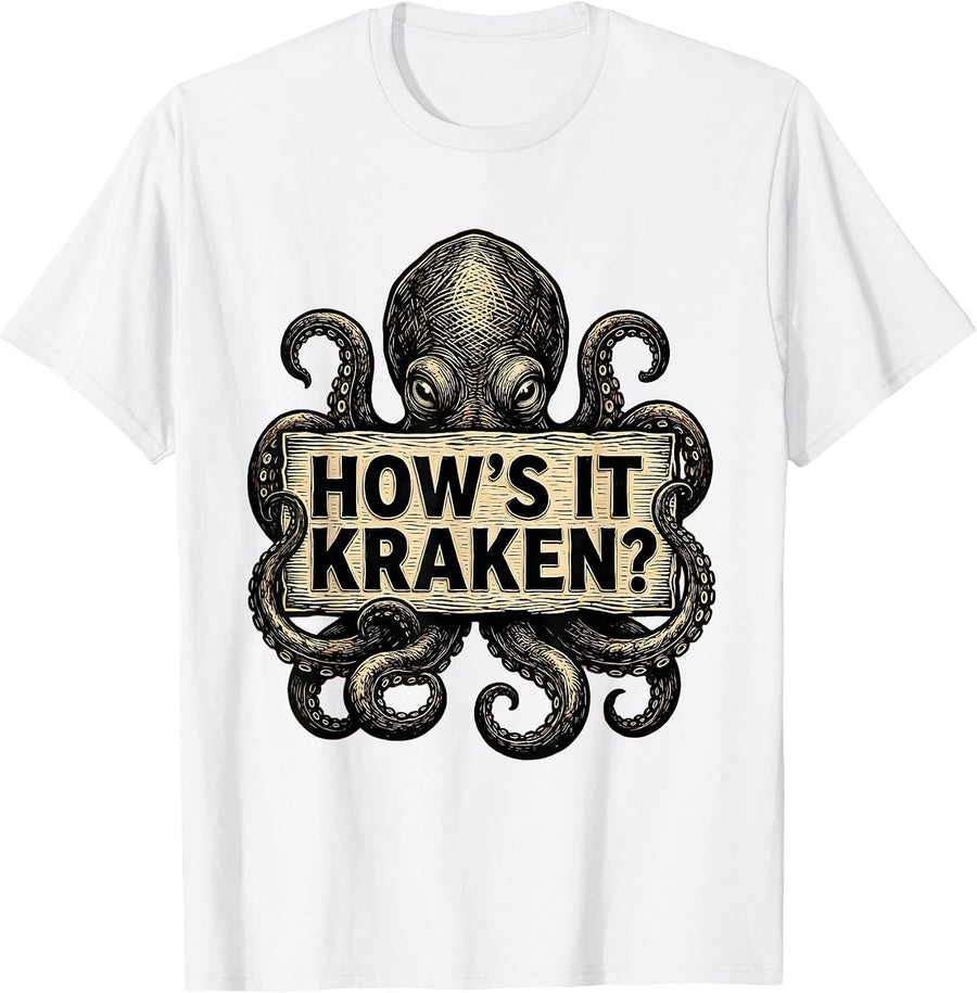 Men's How's It Kraken? Whimsical Vintage Octopus Lover Kraken T-Shirt - White
