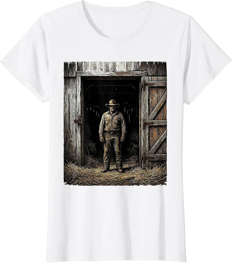 Women's Old Barn Doorway Country Life Illustration T-Shirt - White