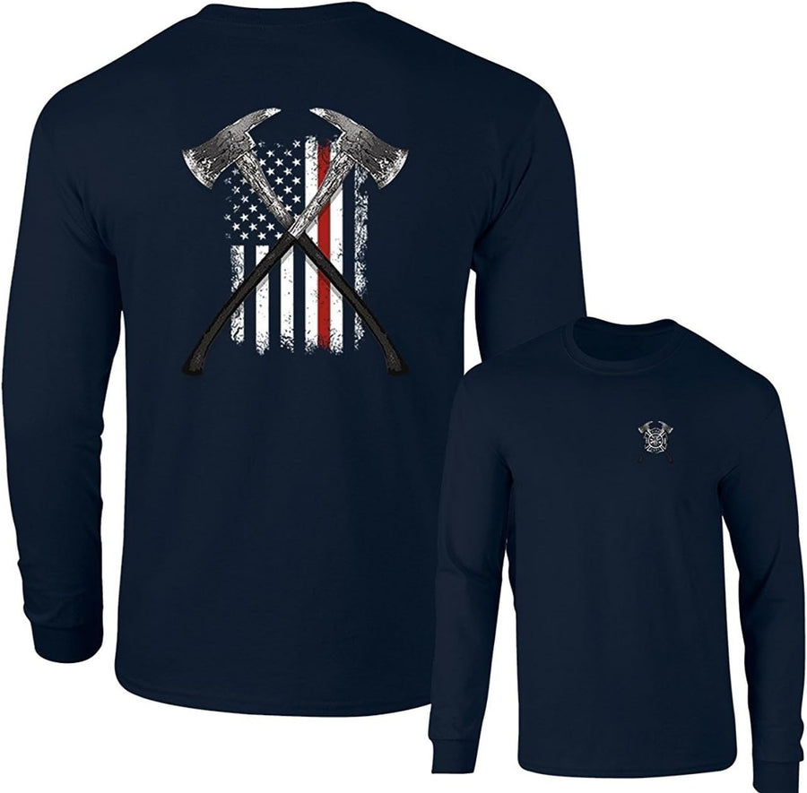 Thin Red Line Firefighter Long Sleeve T-Shirt FIRE Axes US Flag F&B - Navy