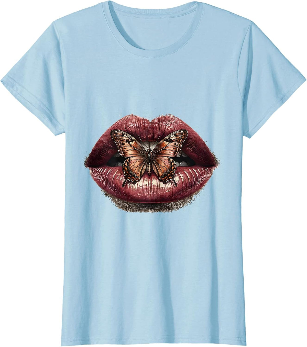 Bold Lips Butterfly Graphic Tee | Gigi Design T-Shirt - Baby Blue