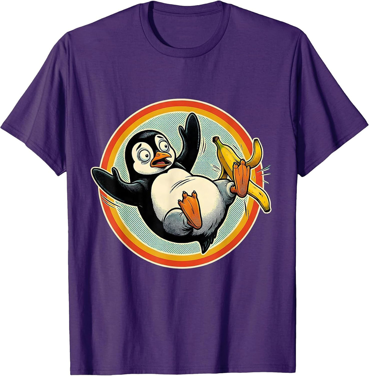 Men's Funny Penguin Banana Peel Slip Comic Art T-Shirt - Purple