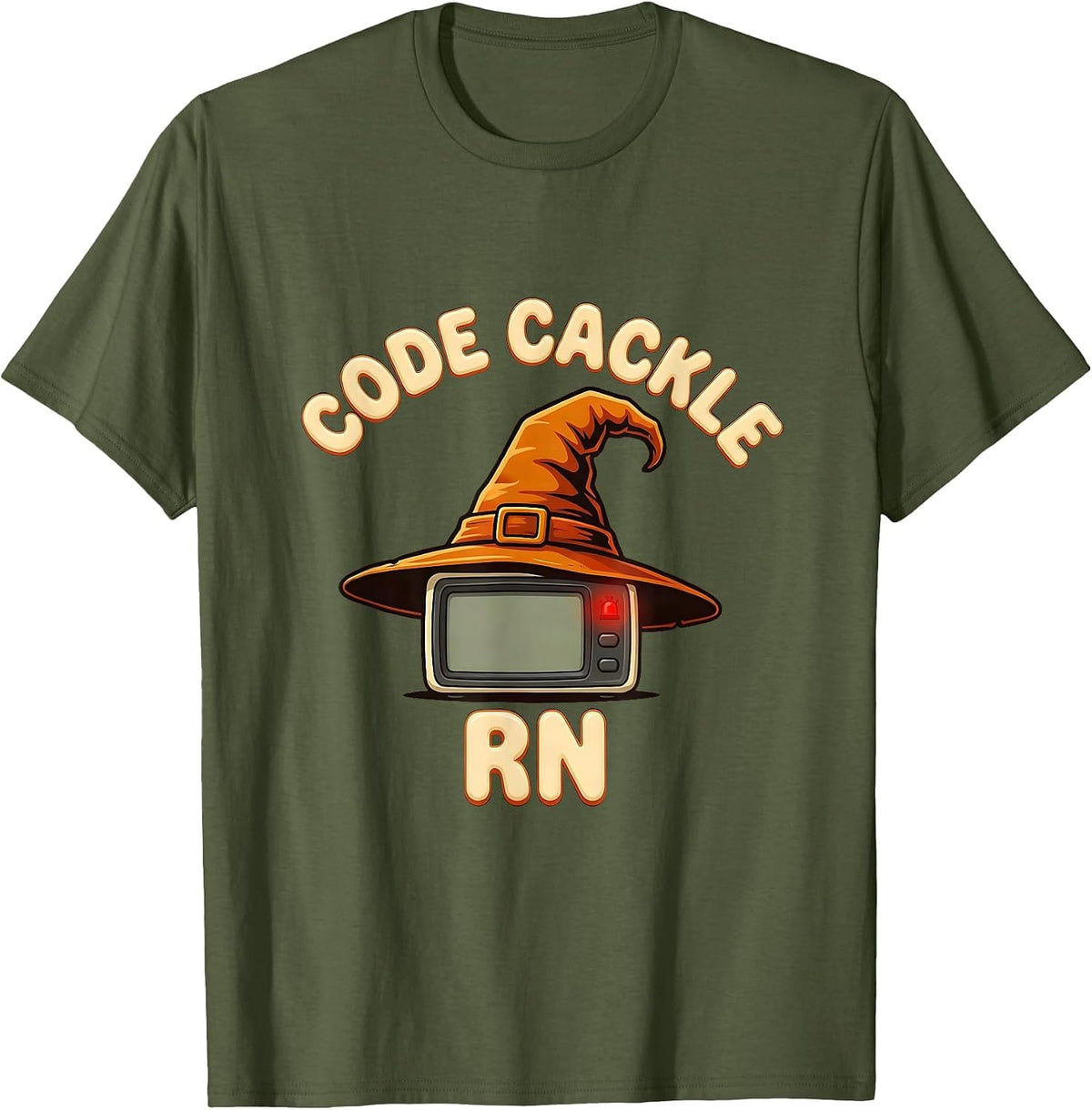 Code Cackle RN Retro 70s Funny Halloween Nurse Medical Humor T-Shirt - Olive Green
