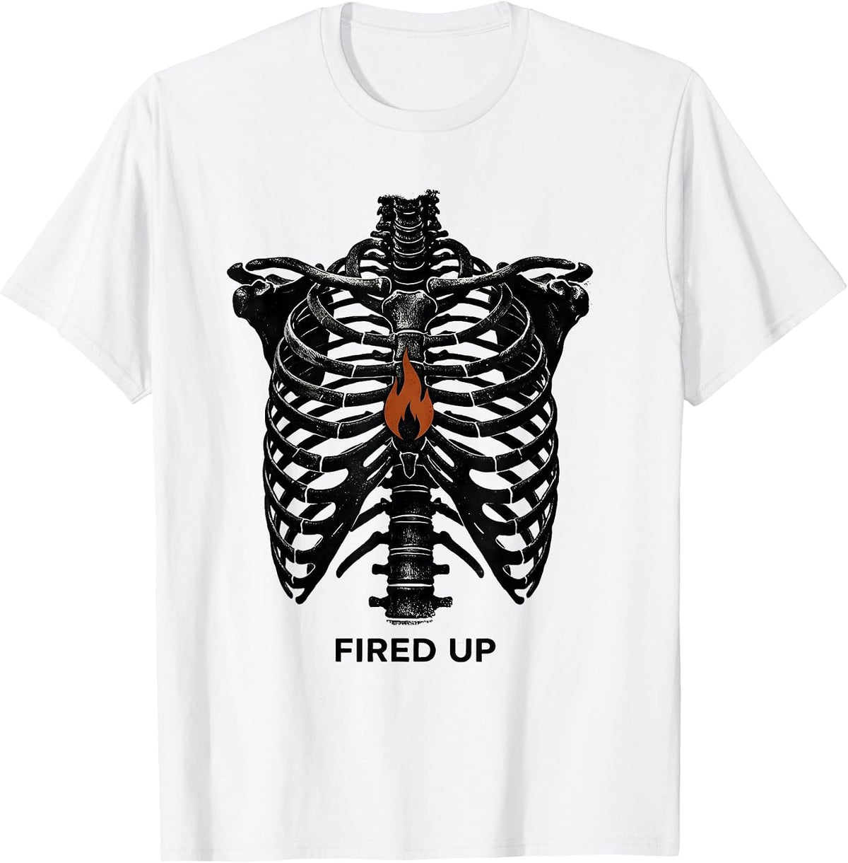 Men's Fired Up Rubber Stamp Skeleton Rib Cage Halloween Costume T-Shirt - White