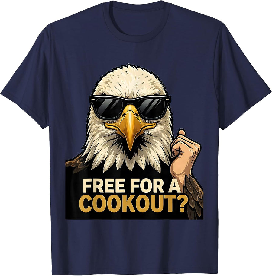 Free For A Cookout? Cartoon Bald Eagle Sunglasses Novelty T-Shirt - Navy Blue