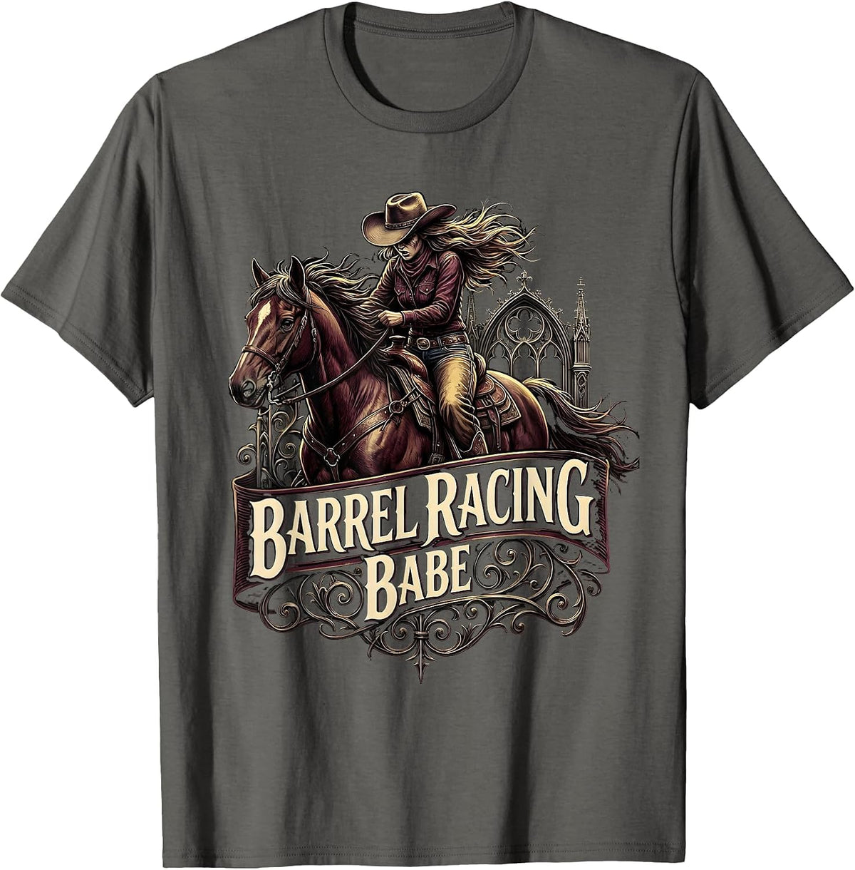 Barrel Racing Babe Cowboy Rodeo Design T-Shirt - Asphalt Grey