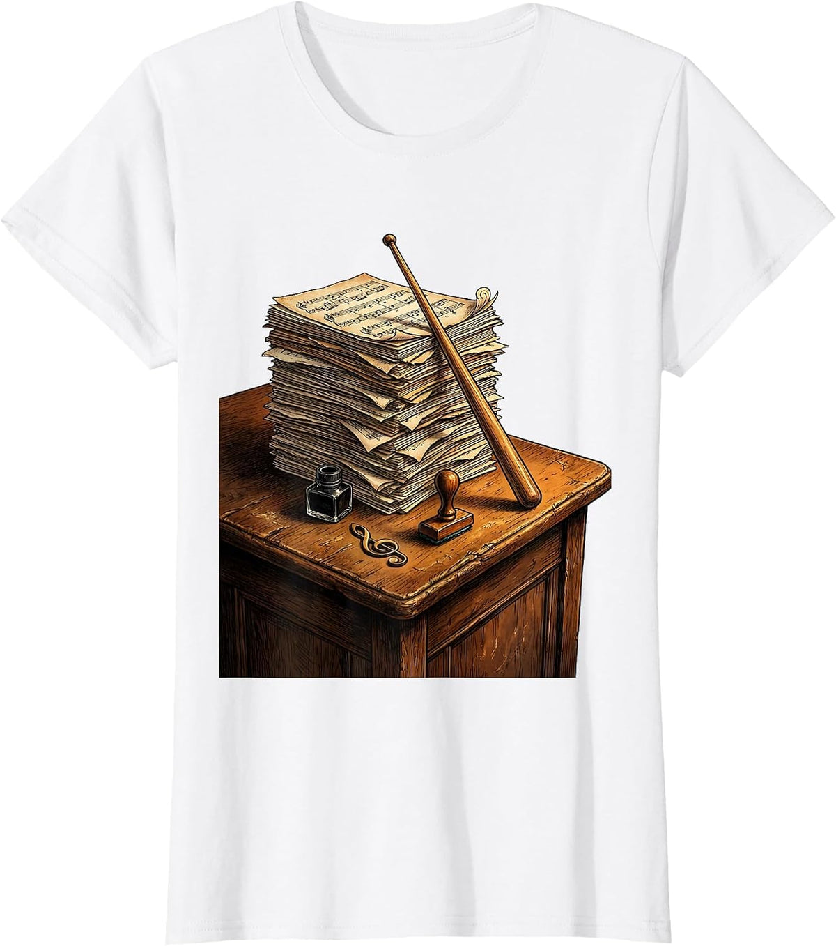 Music Teacher Worn Desk Stacked Sheet Music Art T-Shirt - White