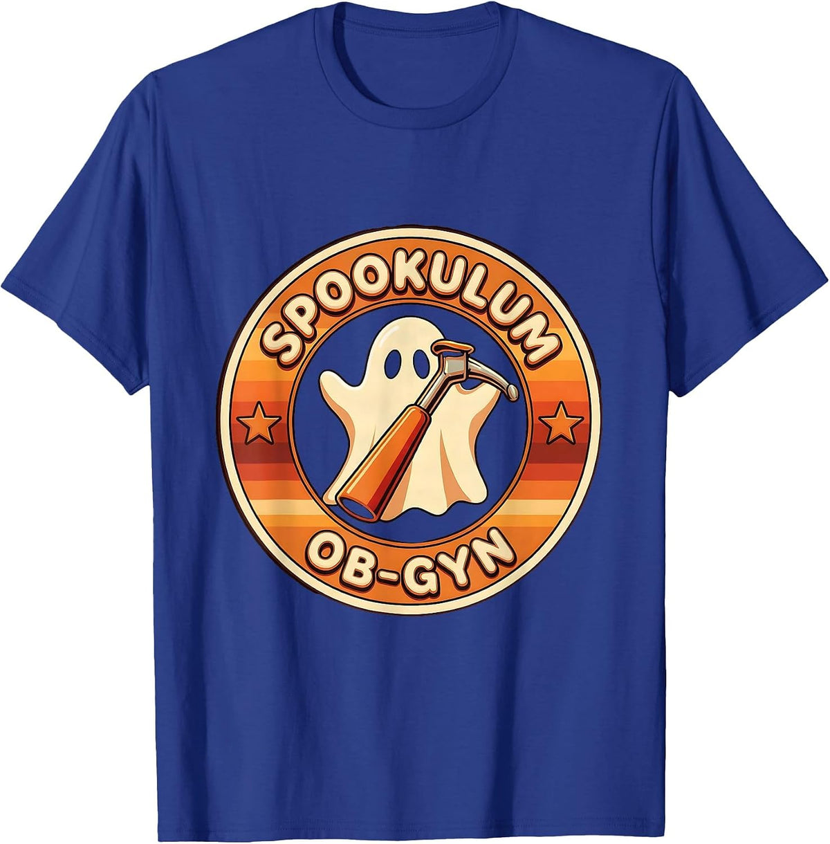 Men's Spookulum OB-GYN Retro 70s Halloween Nurse Medical Humor T-Shirt - Royal Blue