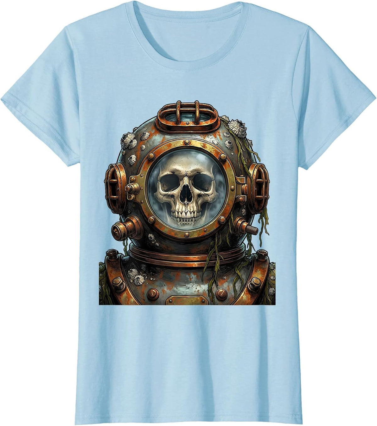 Skull in Vintage Deep Sea Diving Helmet T-Shirt - Baby Blue