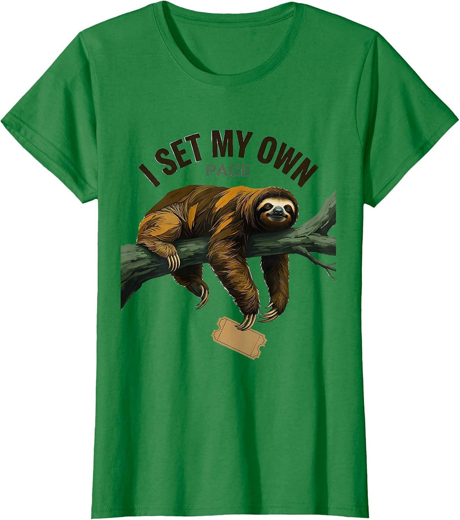 Women's I Set My Own Pace Funny Sloth Lazy Humor Animal Lover Gift T-Shirt - Kelly Green
