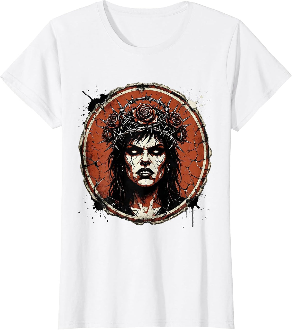 Punk Girl Roses and Razor Wire Crown Graphic T-Shirt - White