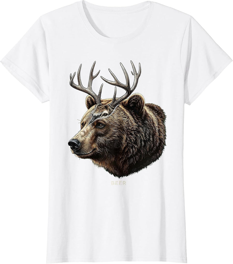 Women's BEER Funny Bear Deer Hunting Drinking Wildlife Lover Gift T-Shirt - White