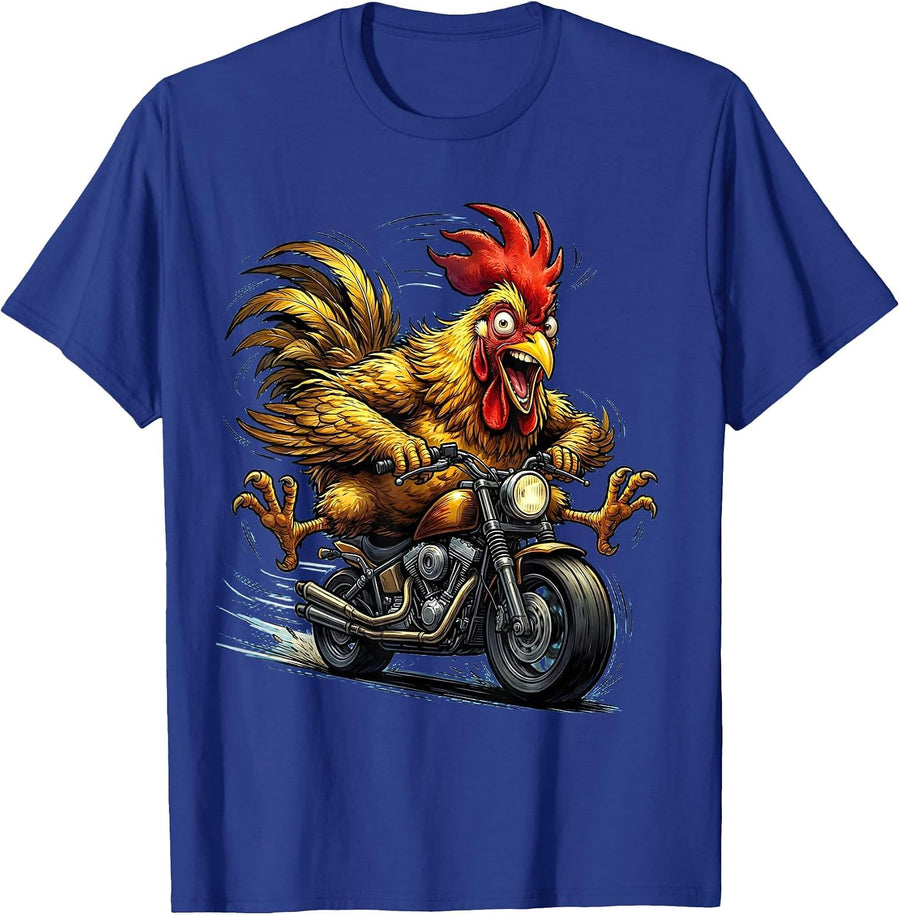 Chicken Riding a Motorbike Fast Funny Graphic T-Shirt - Royal Blue