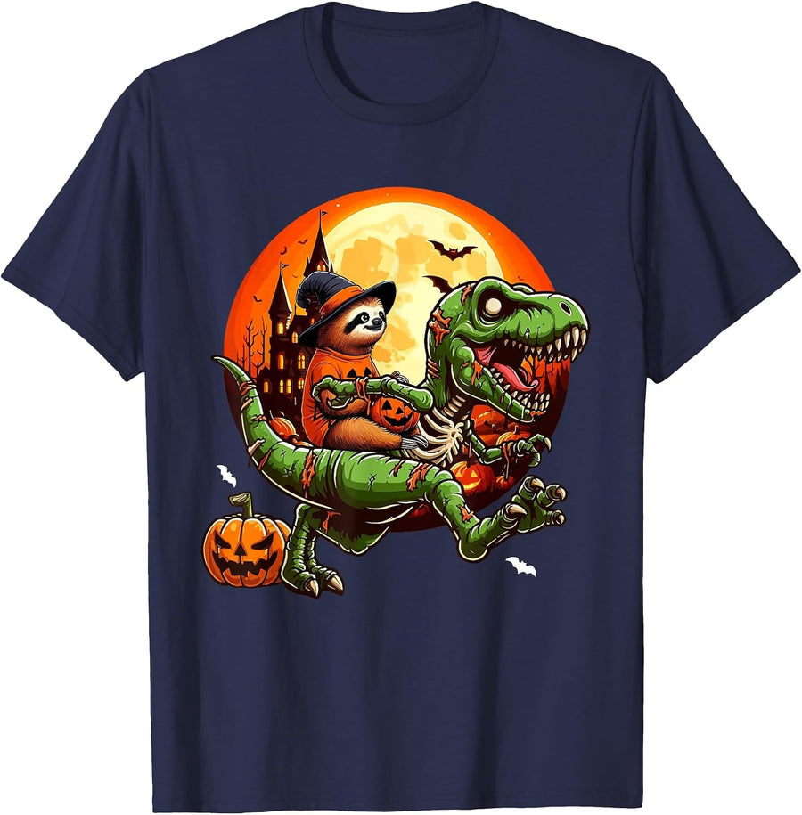 Sloth Riding Horror T-rex As Zombie Halloween Kids Toddler T-Shirt - Navy Blue
