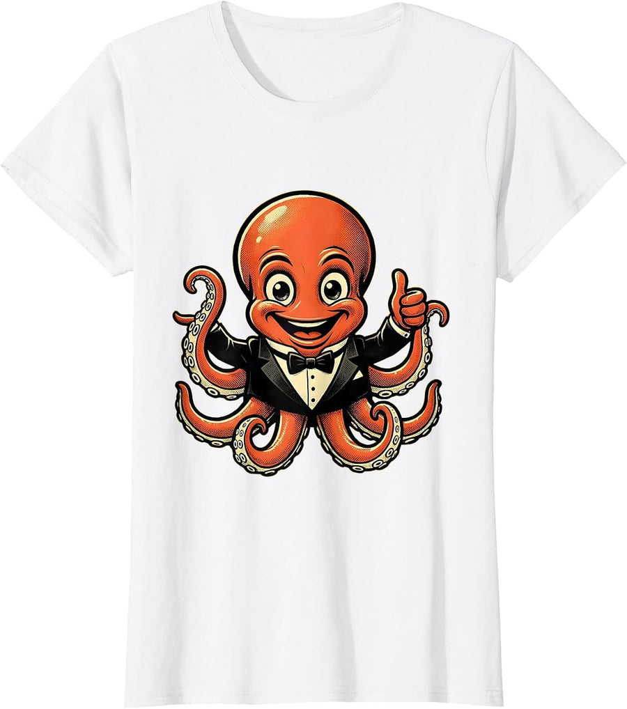 Women's Octopus in Tuxedos Funny Formal Sea Creature T-Shirt - White