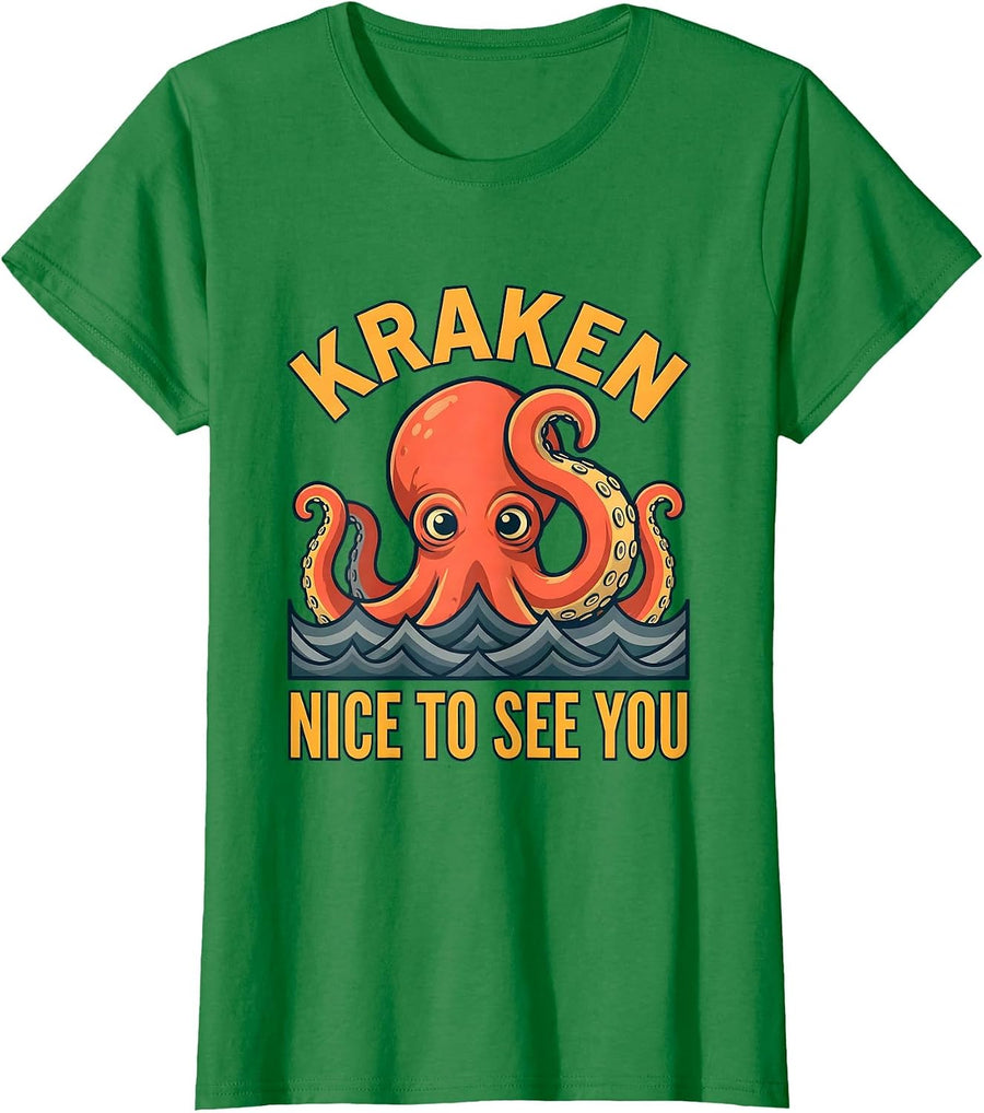 Women's Kraken Nice To See You Vintage Sea Monster Octopus Lover T-Shirt - Kelly Green