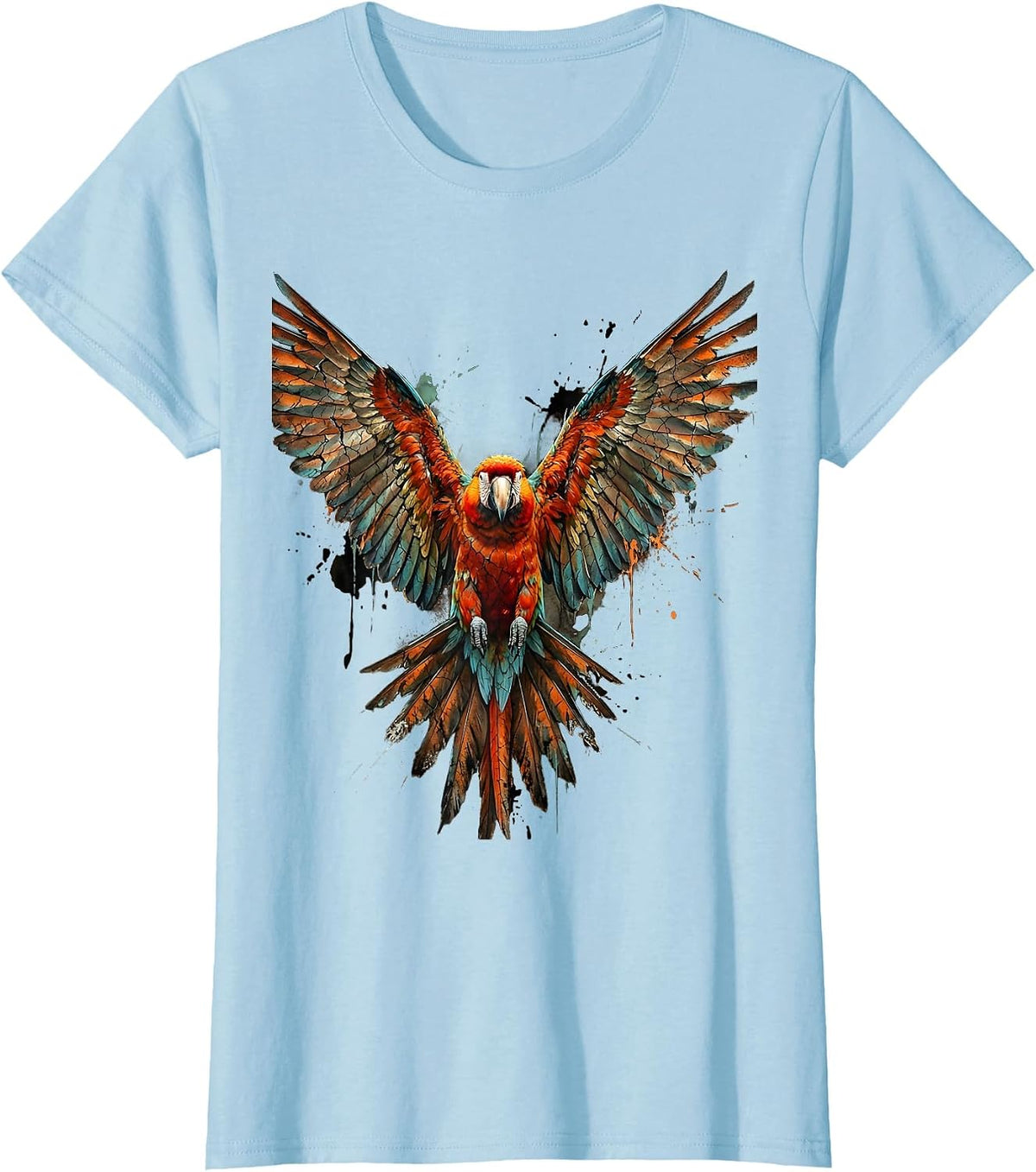 Parrot in Flight Spread Wings Illustration T-Shirt - Baby Blue
