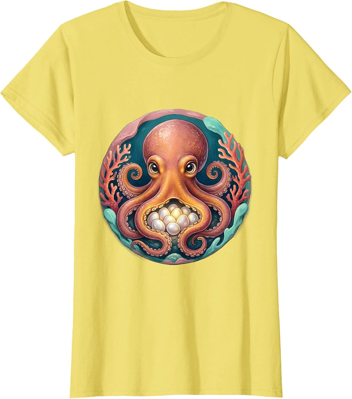 Women's Mother Octopus Sheltering Eggs Protective Mom Art T-Shirt - Lemon Yellow