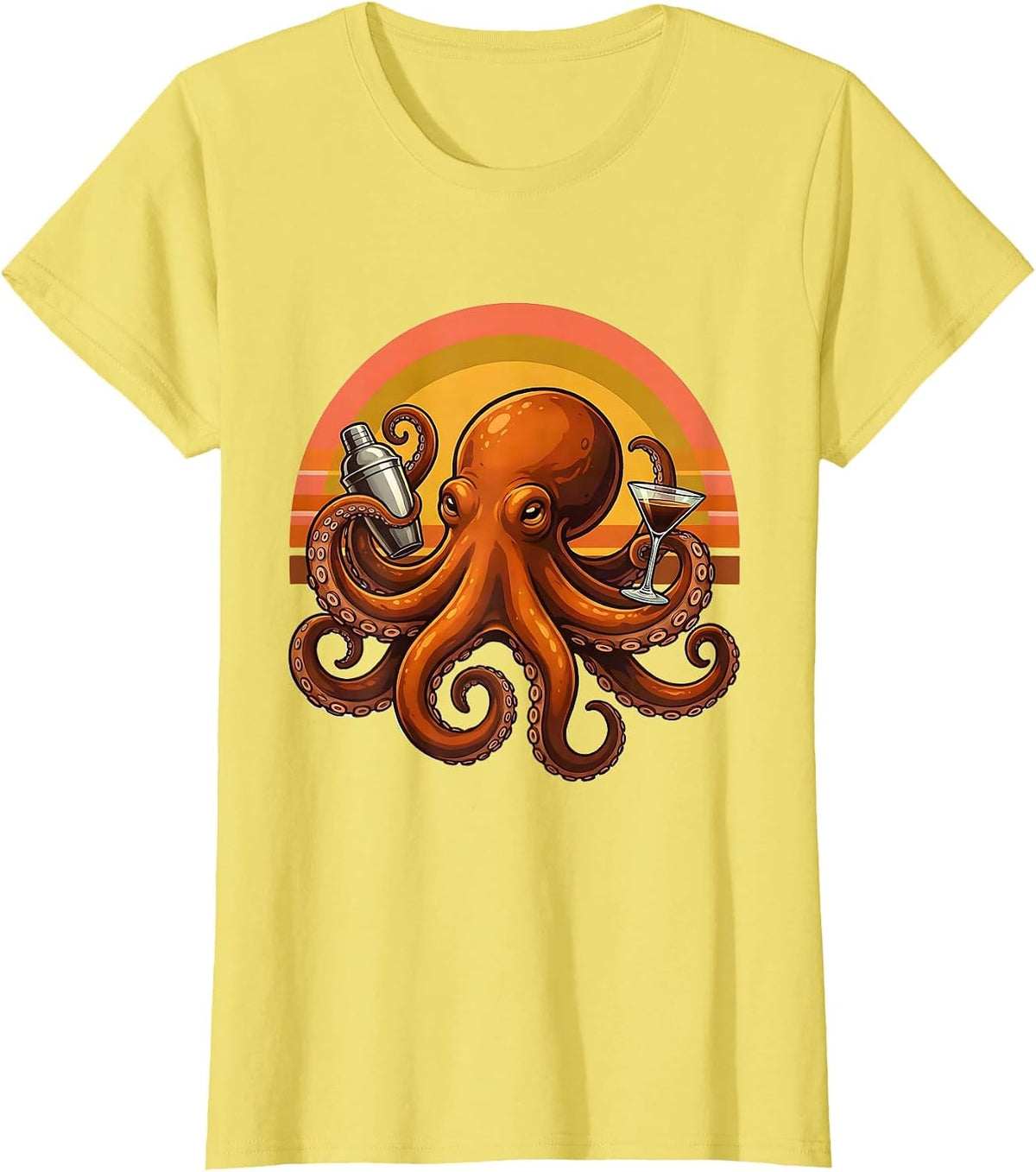 Octopus Espresso Martini Cocktail Shaker Art T-Shirt - Lemon Yellow