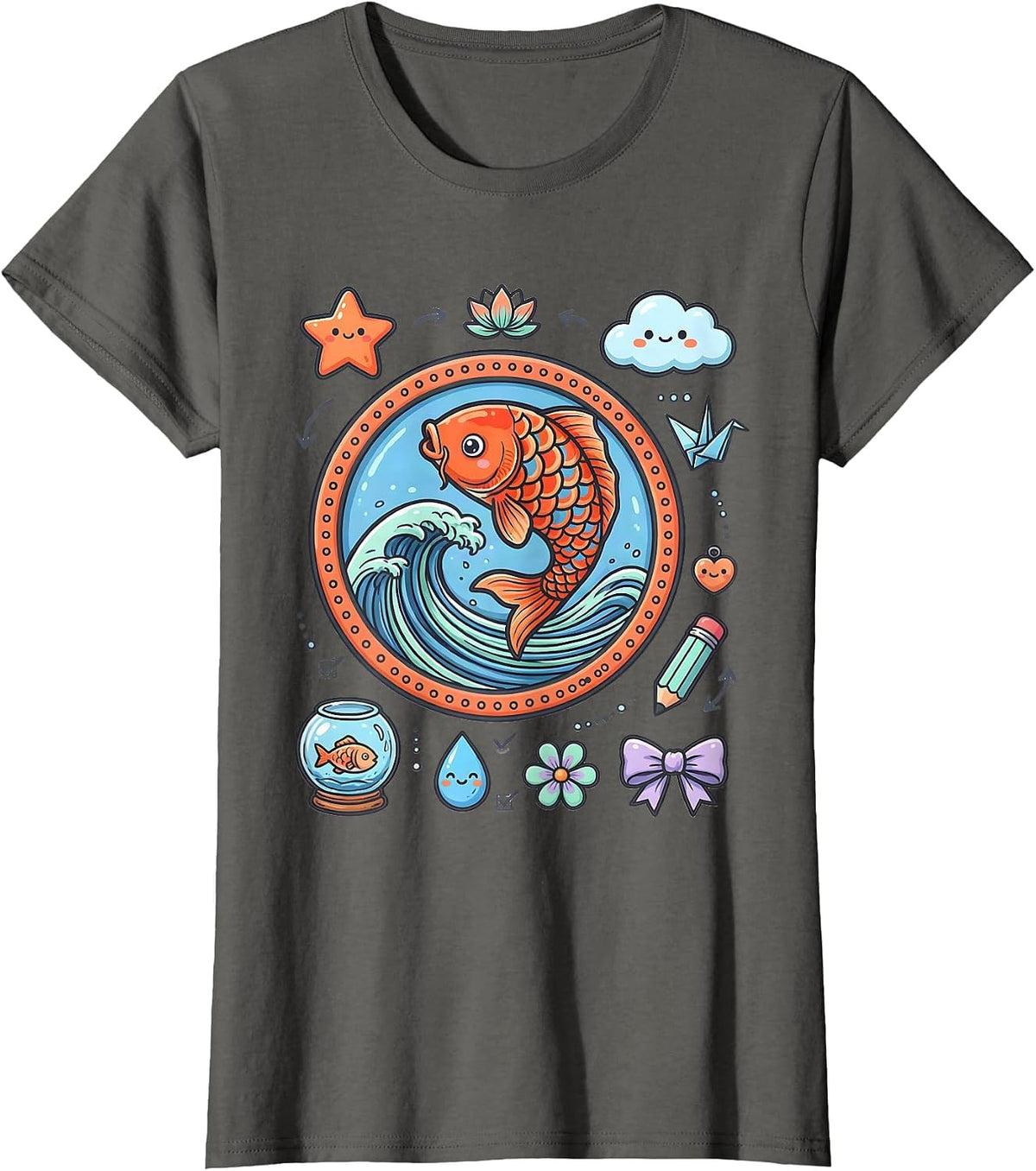 Women's Koi Fish Leaping Wave Anime Art Design T-Shirt - Asphalt Grey