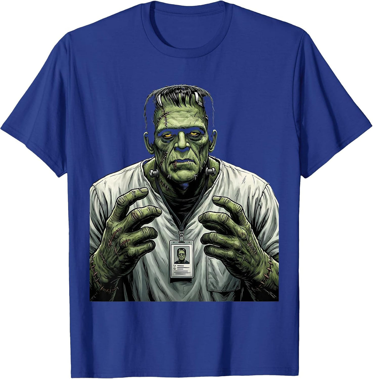 Nurse Frankenstein Halloween Scrubs Monster Graphic T-Shirt - Royal Blue
