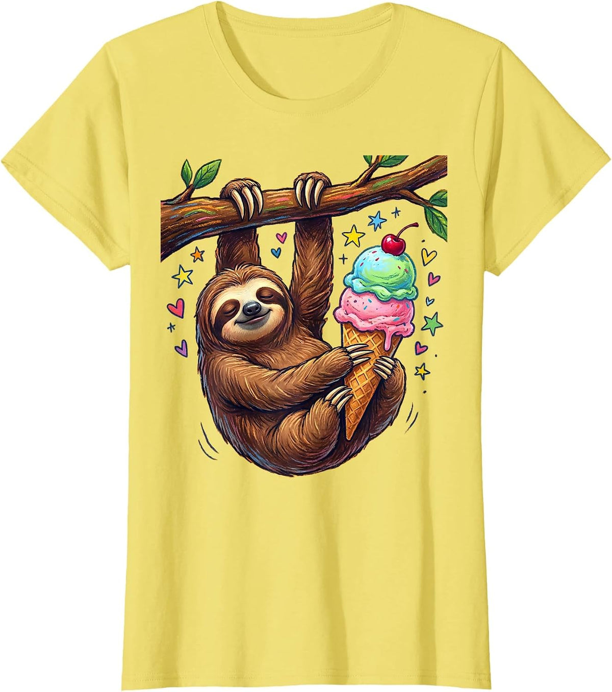 Women's Funny Sloth Hanging Upside Down Eating Ice Cream T-Shirt - Lemon Yellow