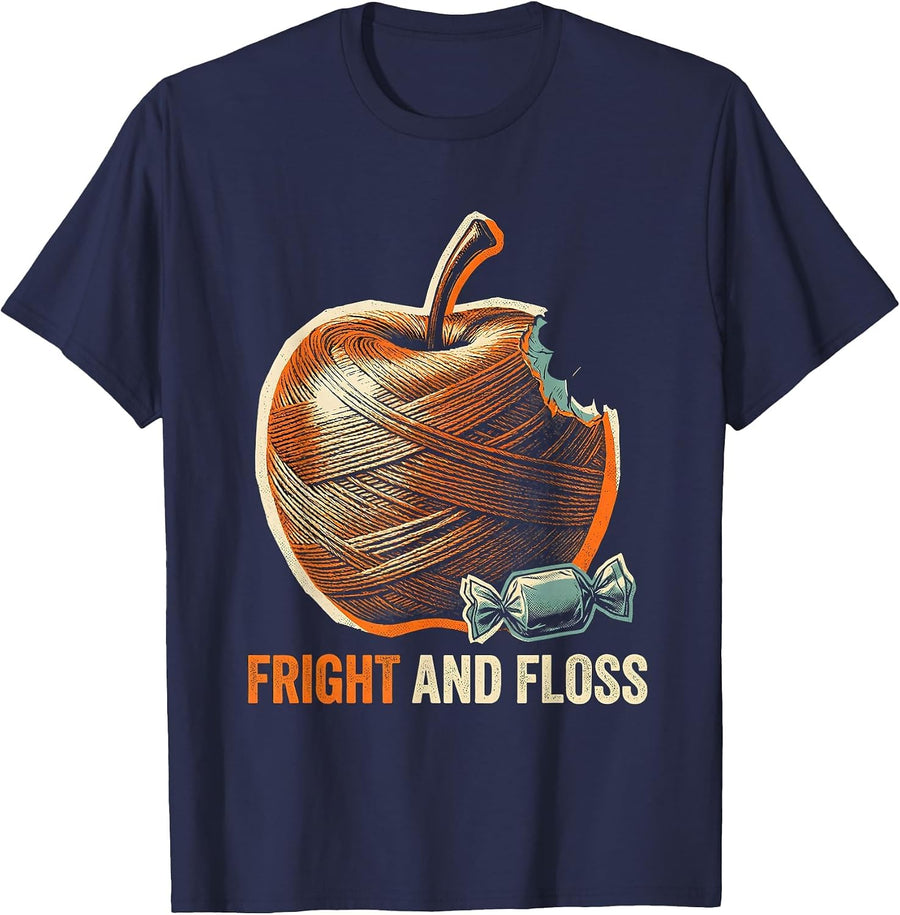 Fright And Floss Funny Dental Hygienist Halloween Humor T-Shirt - Navy Blue