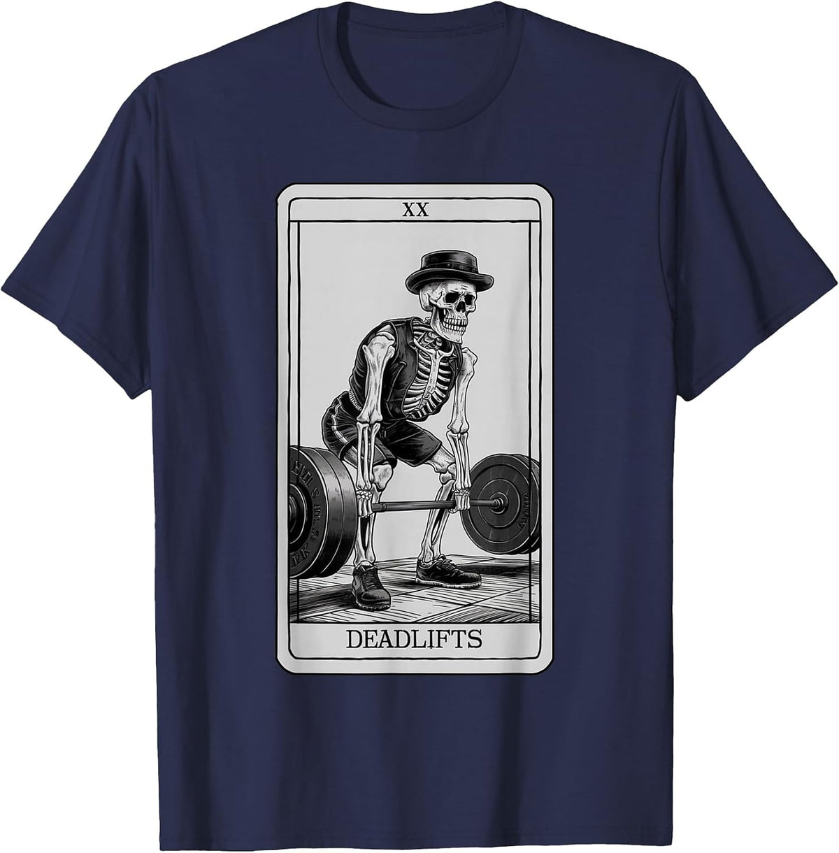 Skeleton Tarot Card Deadlifts Powerlifting Weightlifting Gym T-Shirt - Navy Blue