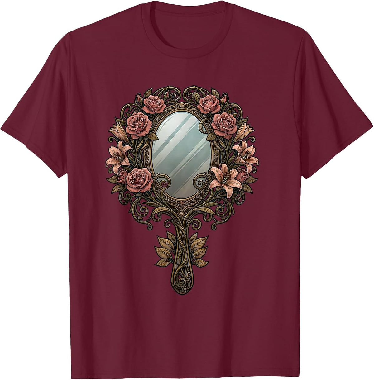 Men's Gigi Ornate Floral Hand Mirror Illustration T-Shirt - Burgundy