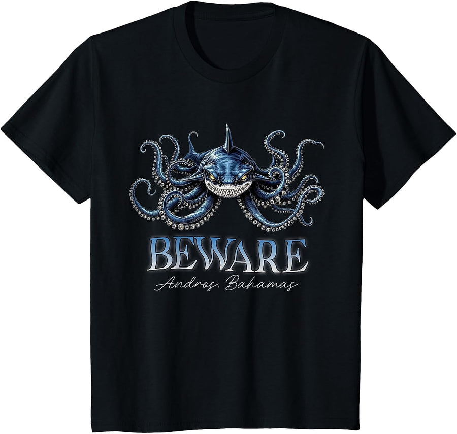 Cryptid Shark Octopus Sea Monster Blue Holes Andros Bahamas T-Shirt - Black