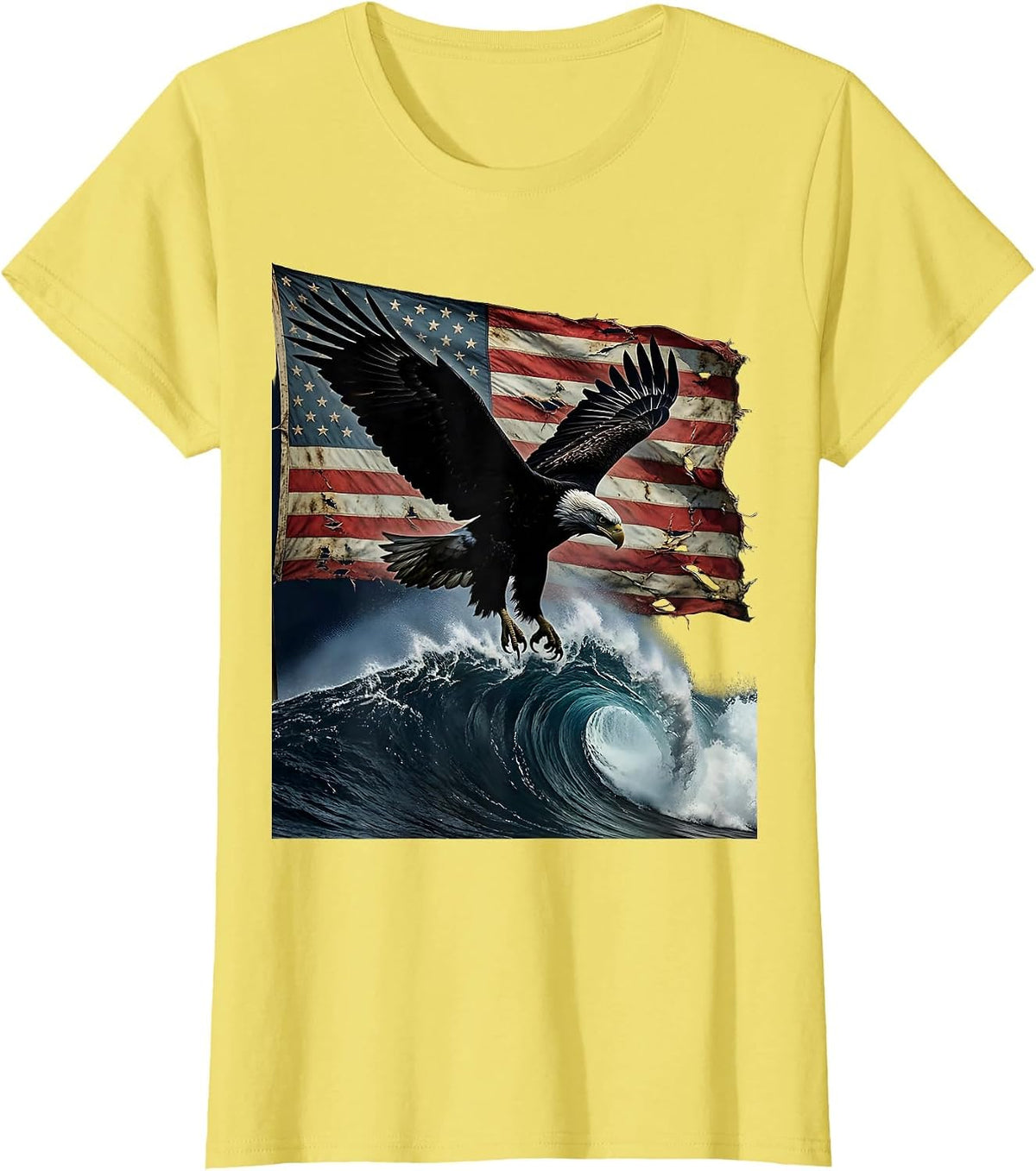 Women's Bald Eagle Diving Ocean Wave USA Freedom T-Shirt - Lemon Yellow