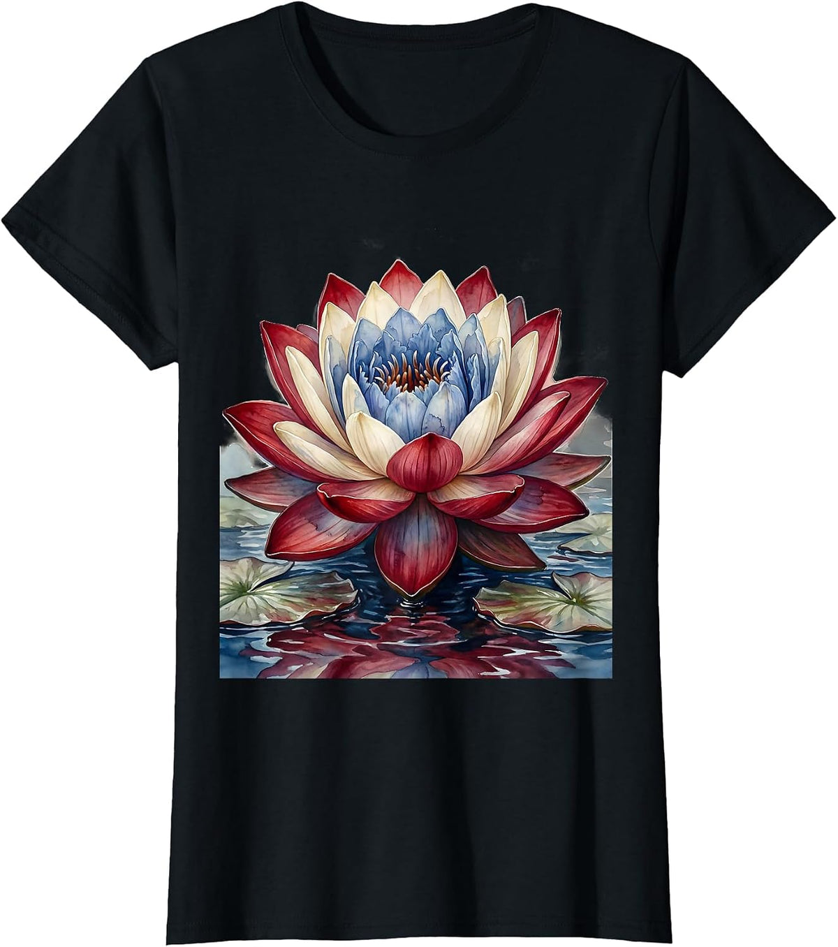 Red White Blue Lotus Flower Blooming Graphic T-Shirt - Black