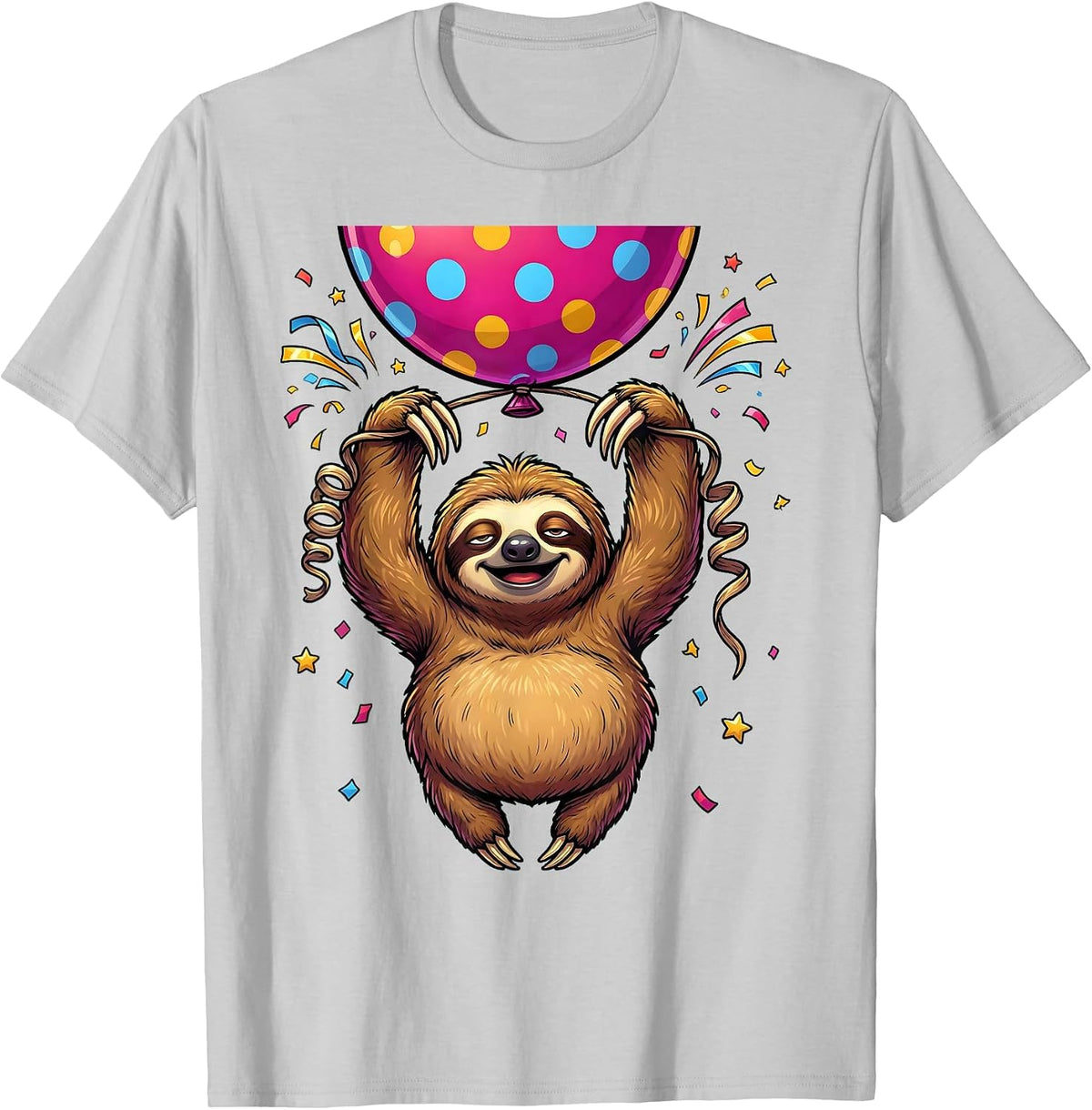 Men's Sloth Birthday Balloon Cute Funny Gift T-Shirt - Silver Grey