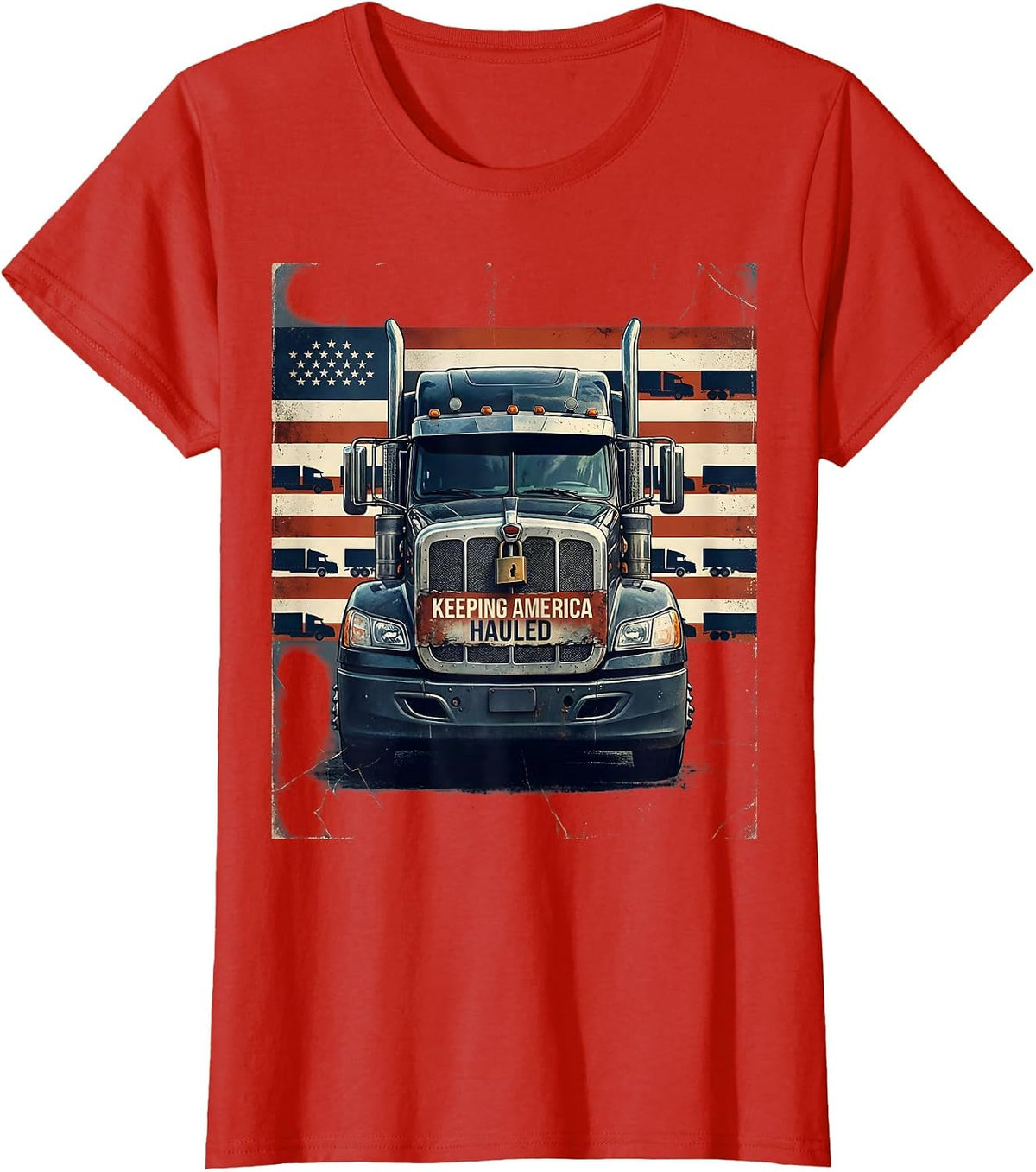 Women's Keeping America Hauled Distressed Trucker Patriotic USA Flag T-Shirt - Red